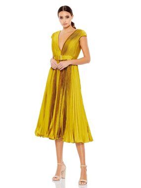 Mac Duggal Mustard Yellow Pleated V-Neck Midi Dress
